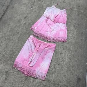 Y2K Vintage Cinzia Pink Fairy Babydoll Cami & Midi Beaded Skirt Set